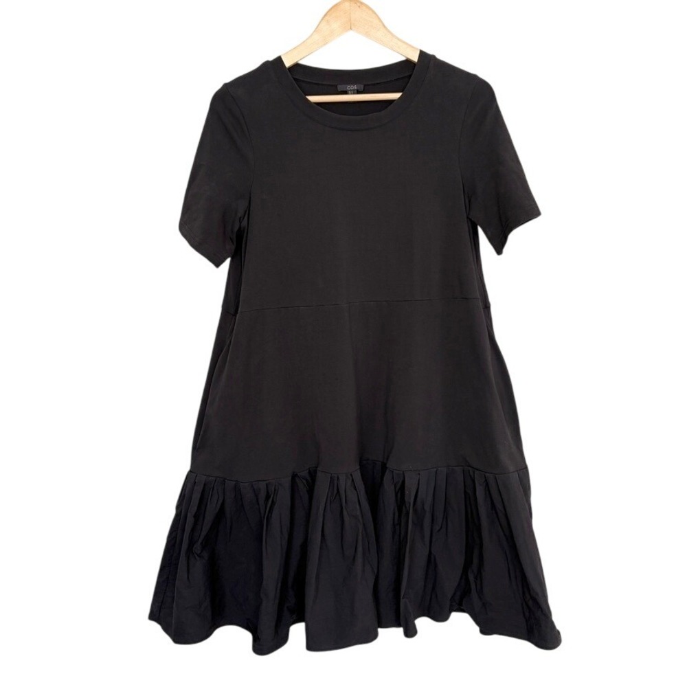 COS Gathered Panel Tiered Ruffle Hem Shirt Dress Size Medium Minimalist